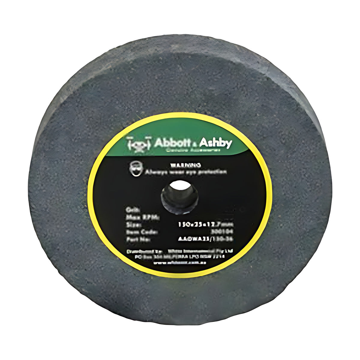 Abbott & Ashby grey aluminium oxide grinding wheel, 150mm, with a black and yellow label printed 150x25x12.7mm