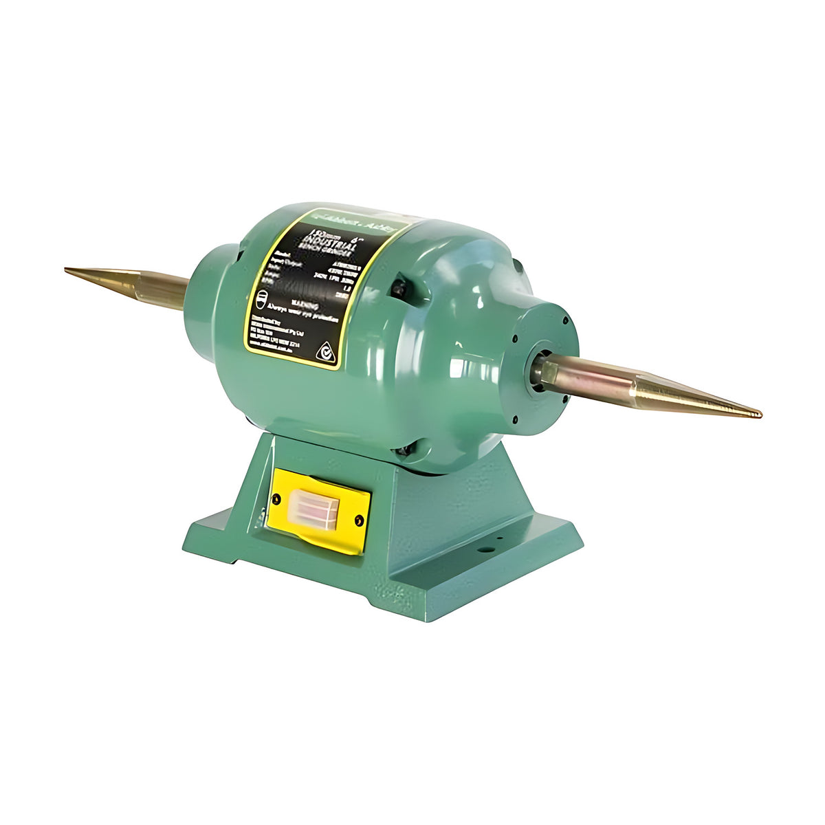 Abbott & Ashby 6" industrial buffing machine with a green motor body, a tapered brass spindle at each end and a yellow switch