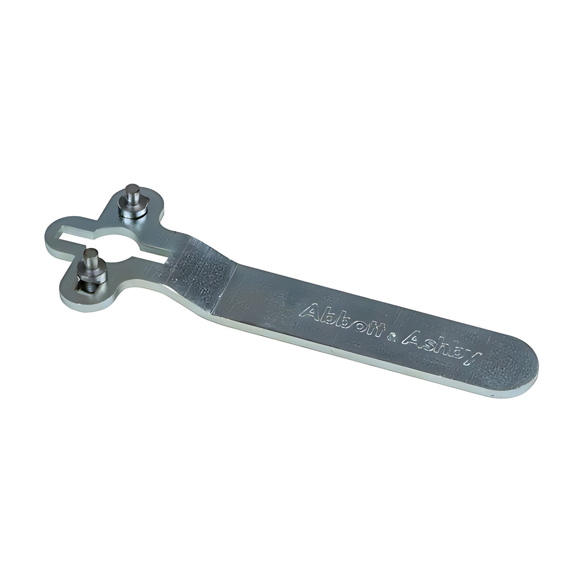 Zinc-plated adjustable pin spanner with two pins in a slotted head and Abbott & Ashby stamped on the handle
