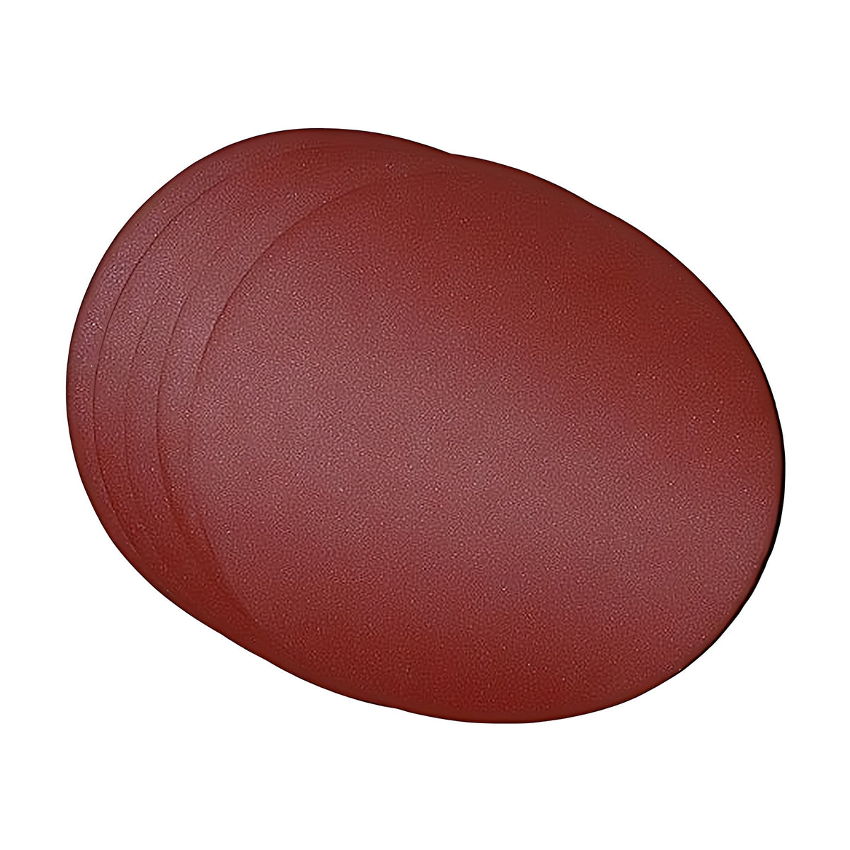 Stack of four round red-brown aluminium oxide hook-and-loop abrasive discs, fanned out