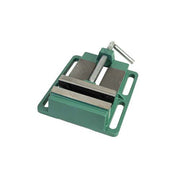 Abbott & Ashby green drill press vice with steel jaws, a screw handle at the back and a slotted base for clamping