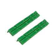 Pair of longer green multigrip vice jaw covers with V-shaped grooves cut across the face