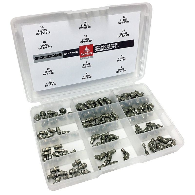 Alemlube EL Series Stainless Steel Grease Nipple Assortment Kit, 100pcs - AIMS Industrial Supplies