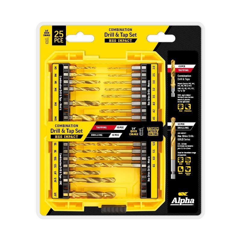 Alpha Combination Drill Tap Set W/ Hex Shank Drills Gold Series 25-Piece - AIMS Industrial Supplies