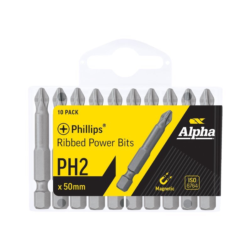 Alpha PH2 x 50mm Phillips Ribbed Power Bit - Handipack 10/Pack