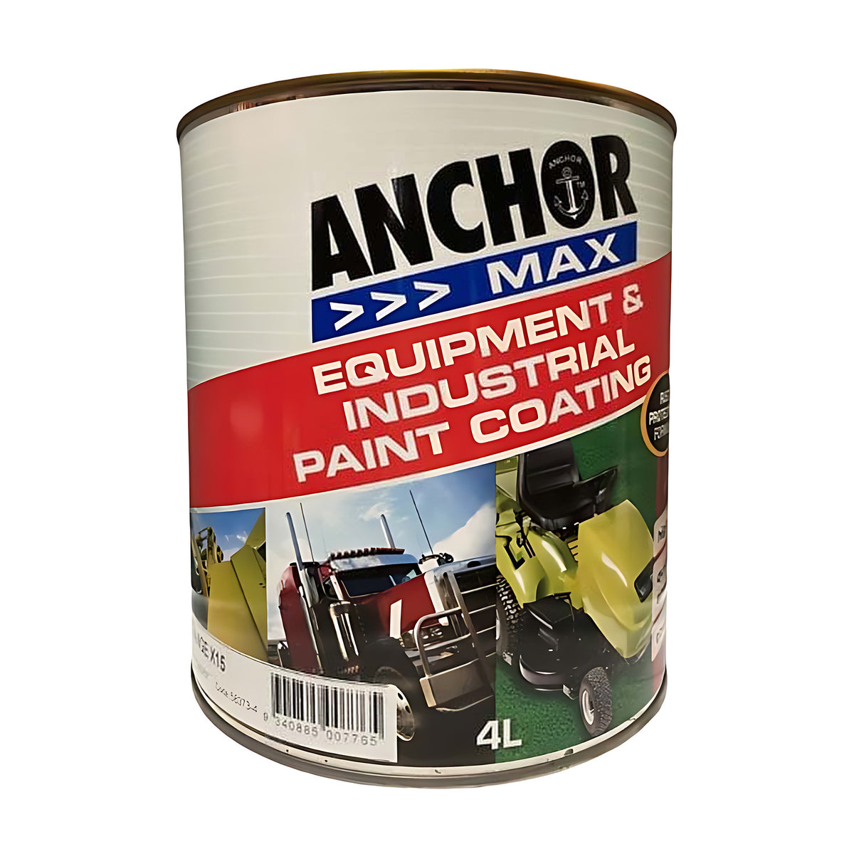 Anchor Max Equipment & Industrial Paint Coating 4L tin, front view, barcode and size label at the base