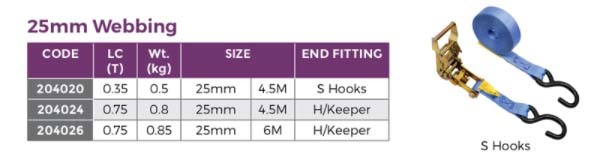 Austlift Ratchet Tie Down S Hook 25mm x 4.5m x 350kg (.35Tonne) LC2