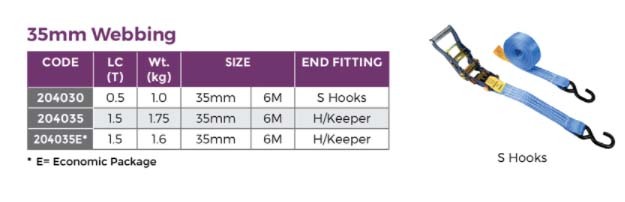 Austlift Ratchet Tie Down S Hook 35mm x 6m x 700kg (.75Tonne) LC2