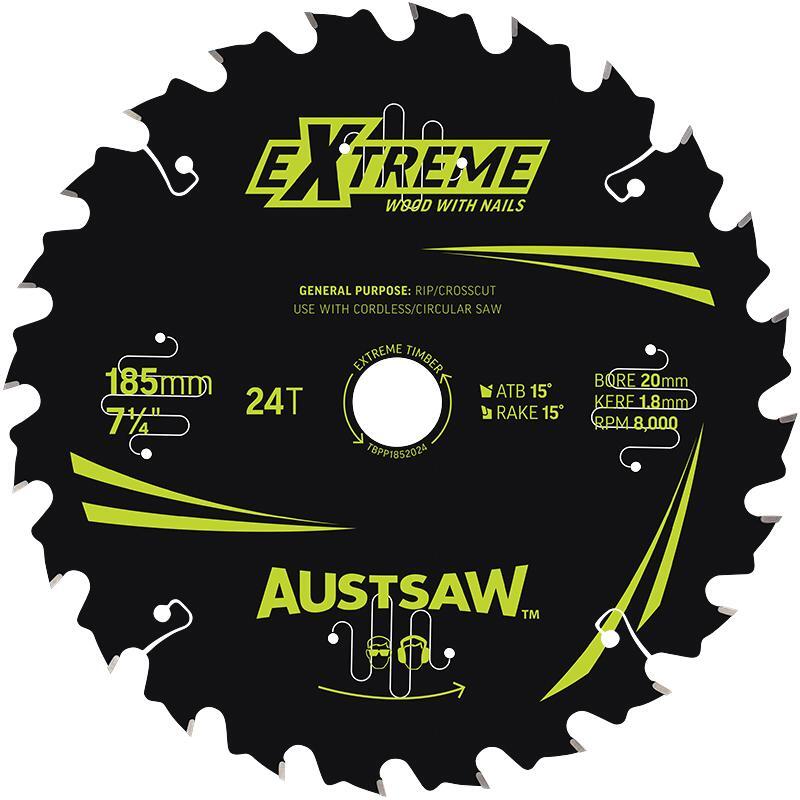 Austsaw 185mm Extreme Wood W/ Nail Blade 20mm Bore 24 Teeth 20/Pack1