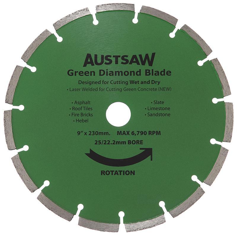 Austsaw 230mm (9") Diamond Blade Green Concrete - 25/22.2mm Bore - AIMS Industrial Supplies