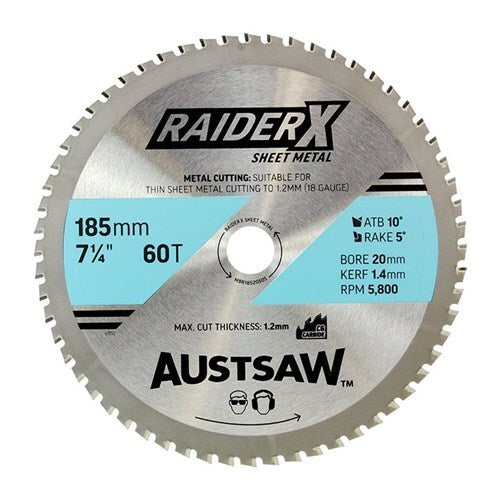 Austsaw RaiderX Sheet Metal Blade 185mm x 20mm Bore x 60 Teeth TCT Tip