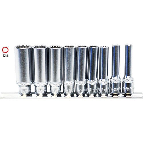 AuzGrip 1/4" Square Drive 12 Point Deep Socket SAE Set, 9 Pieces - AIMS Industrial Supplies