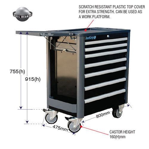 AuzGrip® 7 Deluxe Drawer Roller Cabinet Black 724 x 470 x 925mm