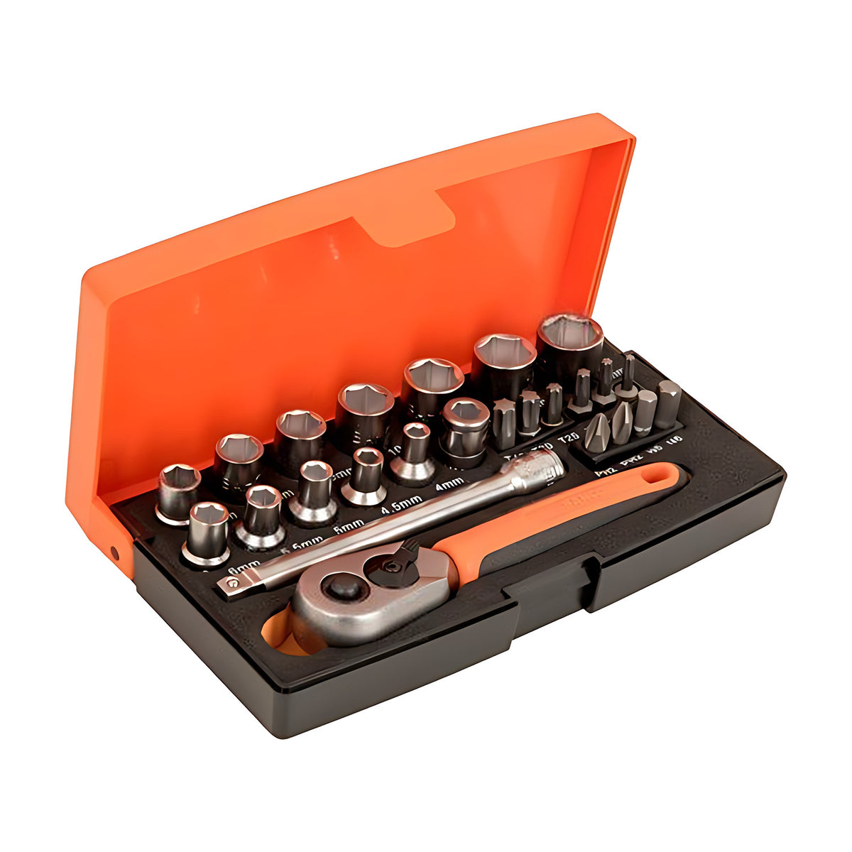 Bahco SL25 25 piece 1/4 in square drive socket set in an orange and black case with hex sockets, ratchet and bits