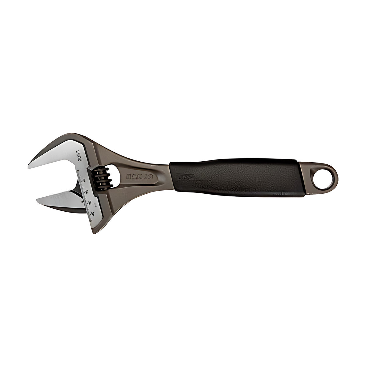 Bahco BAH9029 ERGO adjustable wrench with wide open jaw and black rubber handle, showing the jaw scale