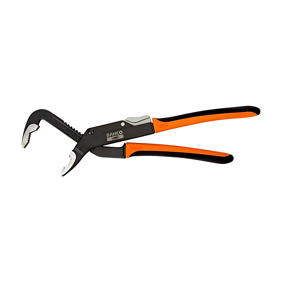 Bahco ERGO slip joint pliers with long angled jaws and orange and black handles, shown open