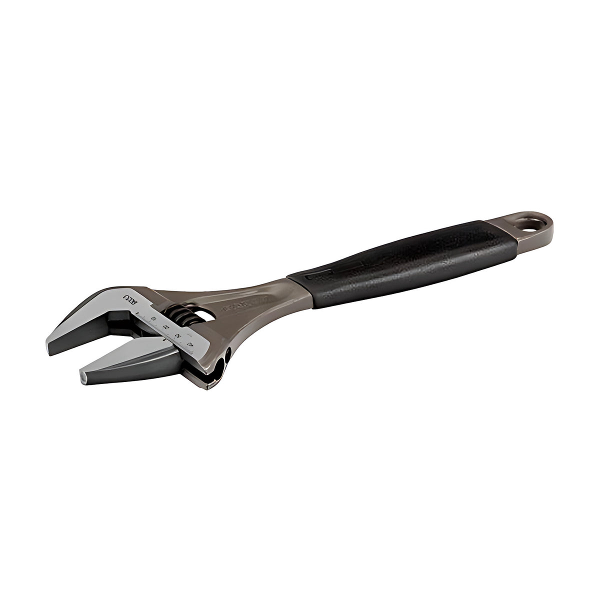 Bahco BAH9031 wide jaw adjustable wrench with black rubber handle, side view with jaw open