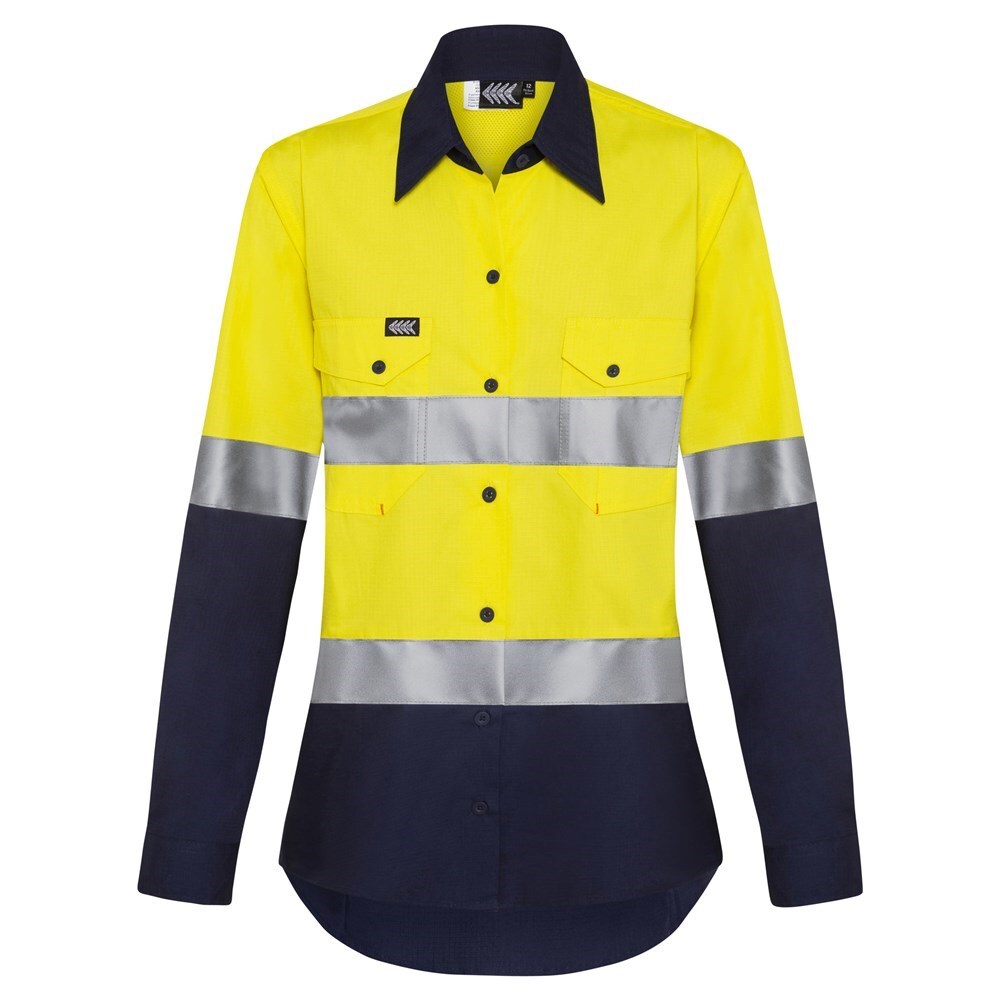 Boomerang Ladies Hi-Vis Cotton Ripstop Shirt Yellow/Navy, Size 20