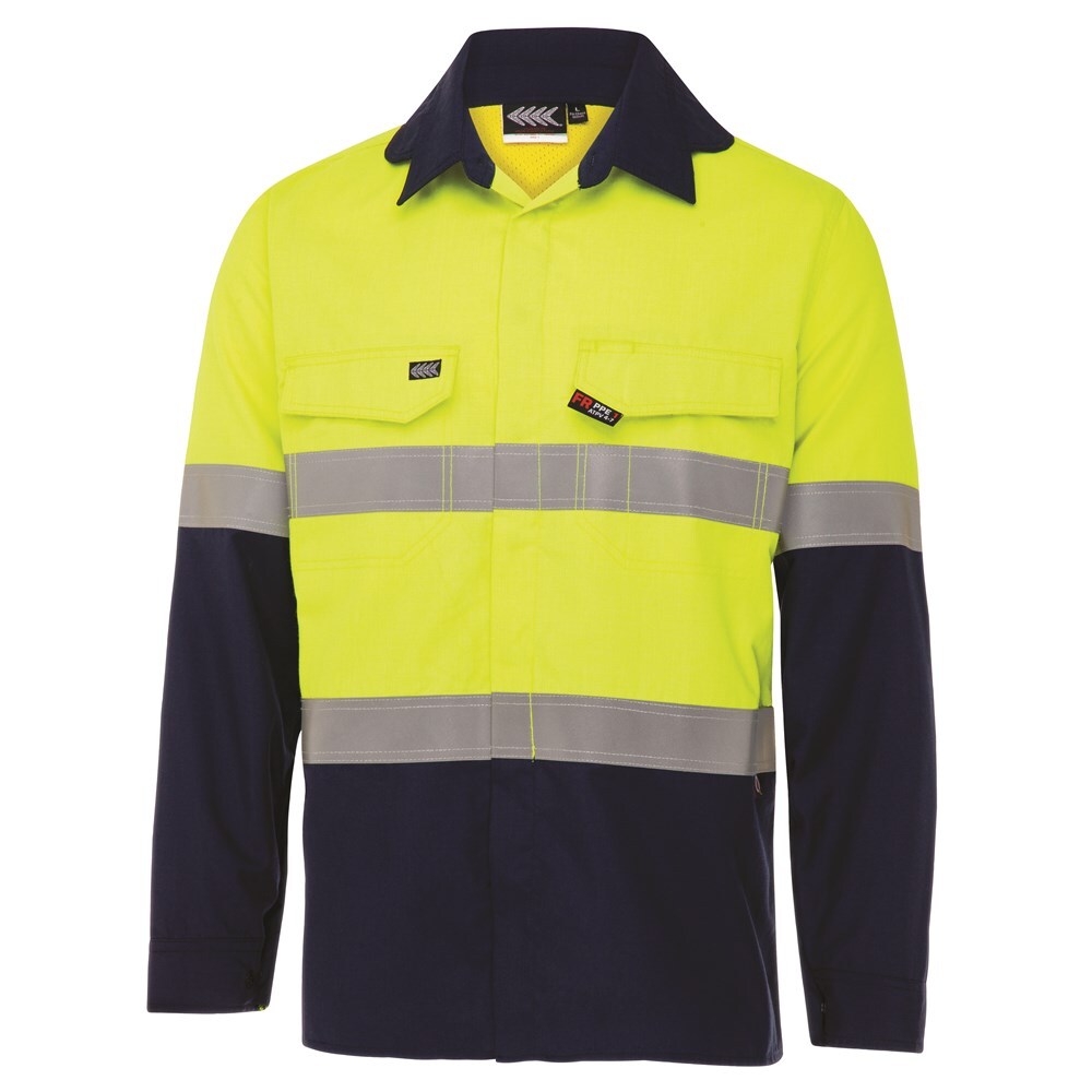 Boomerang Mens Hi-Vis FR Button-Up Shirt W/ Reflective Tape PPE1 Lime/Navy Medium