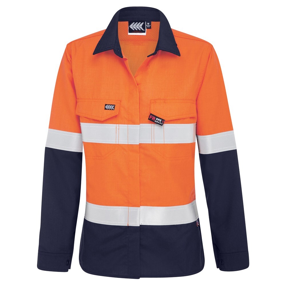 Boomerang Women Hi-Vis FR Button-Up Shirt W/ Reflective Tape PPE1 Orange/Navy, Size 16