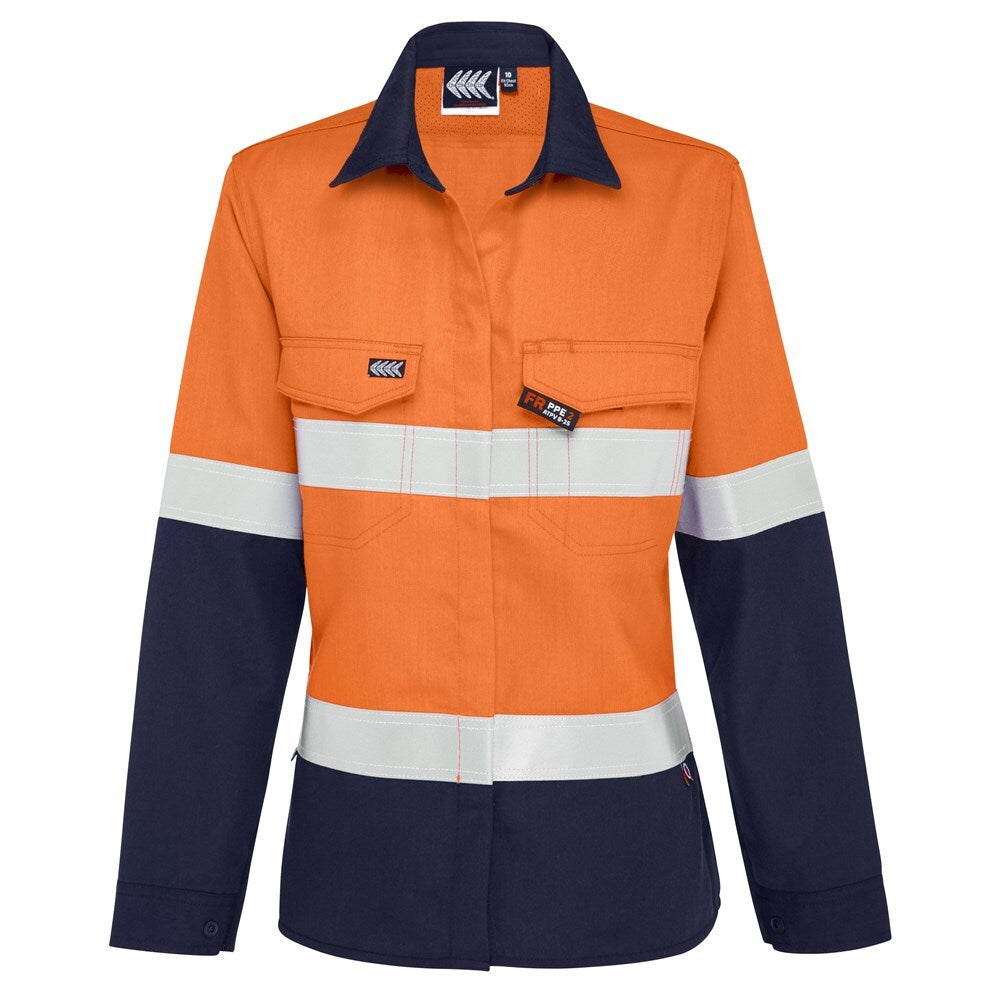 Boomerang Women Hi-Vis FR Button-Up Shirt W/ Reflective Tape PPE2 Orange/Navy, Size 16
