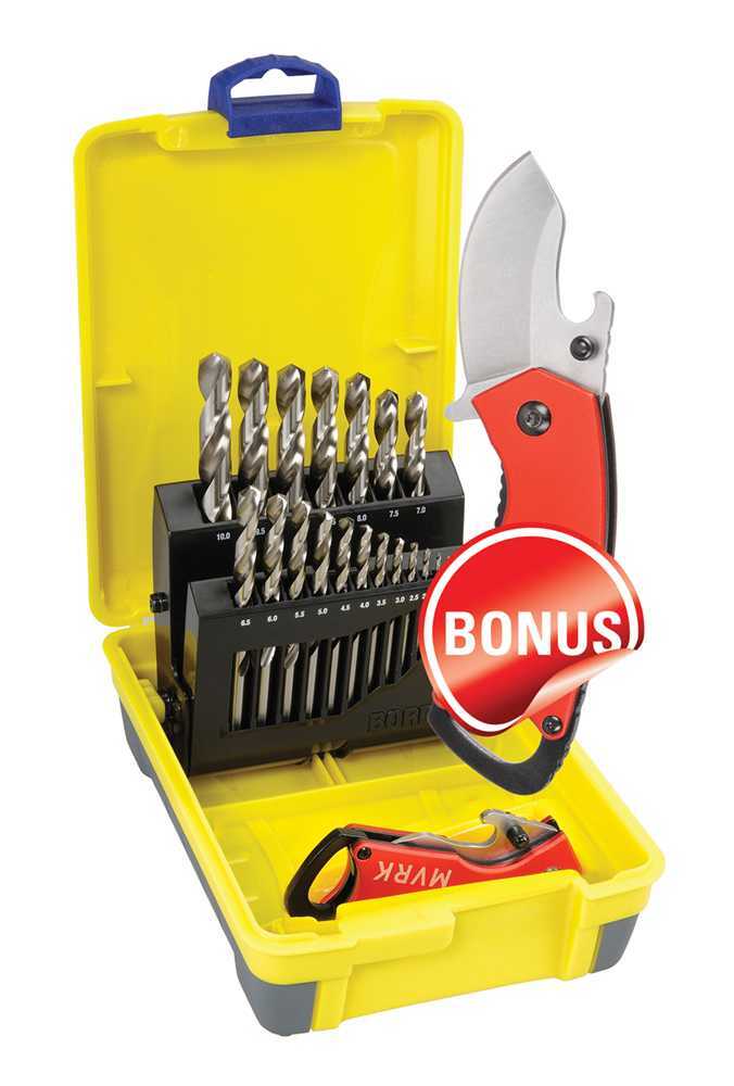 Bordo 2007 - M2 - C18 19 Piece 1 - 10mm Bright HSS Jobber Drill Set Bonus Stubbie Folding Knife - AIMS Industrial Supplies