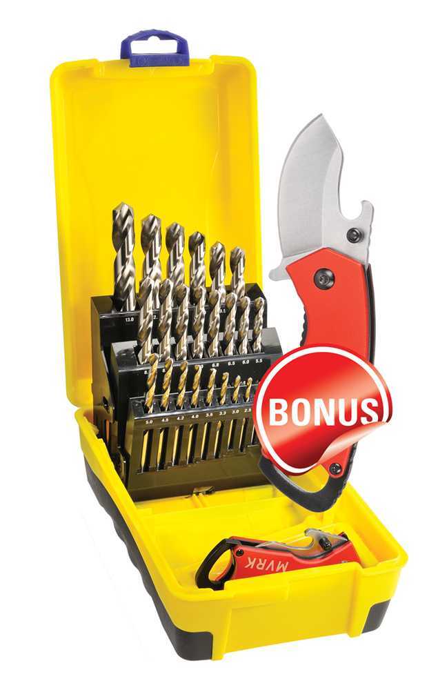 Bordo 2007 - M3 - C18 25 Piece 1 - 13mm Bright HSS Jobber Drill Set Bonus Stubbie Folding Knife - AIMS Industrial Supplies