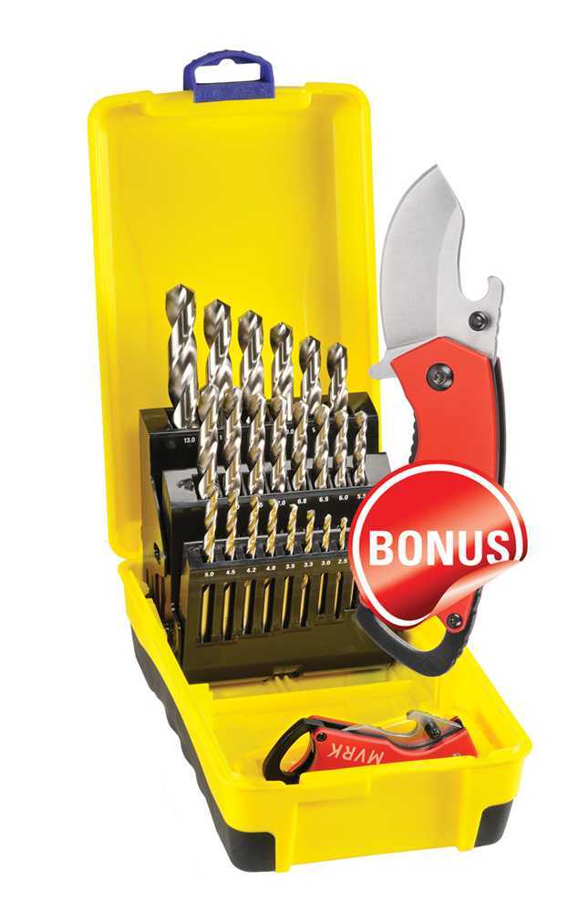 Bordo 2007 - M3 - C18 25 Piece Bright HSS Jobber Drill Set Bonus Stubbie Folding Knife - AIMS Industrial Supplies
