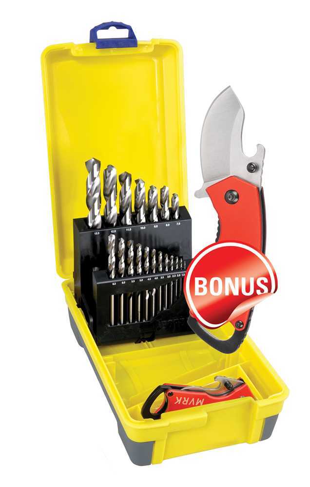 Bordo 2007-M5-C18 19 Piece 1-13mm Bright HSS Jobber Drill Set Bonus Stubbie Folding Knife1