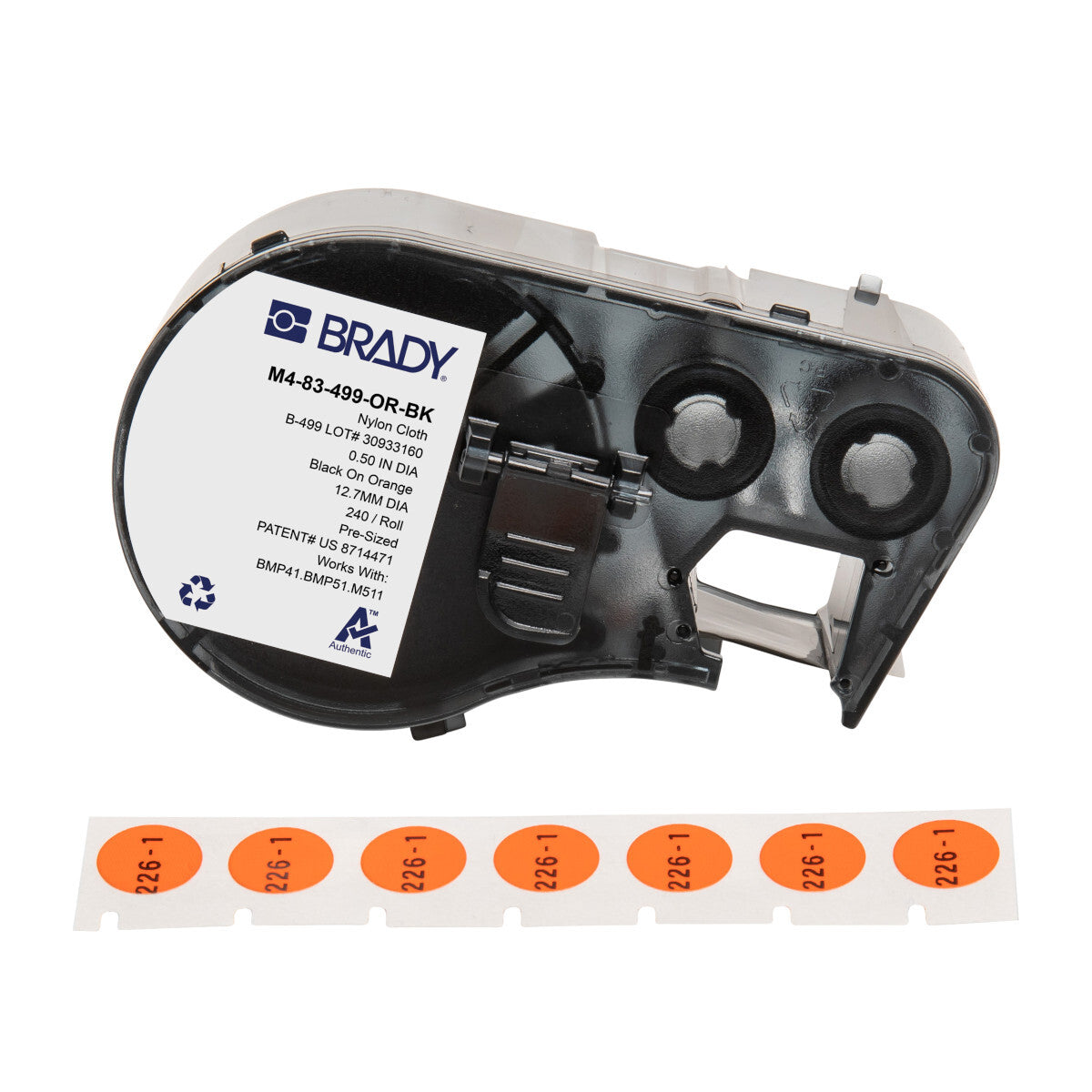 Brady Aggressive Adhesive Multi-Purpose Nylon Label 12.7mm Dia., Black On Orange