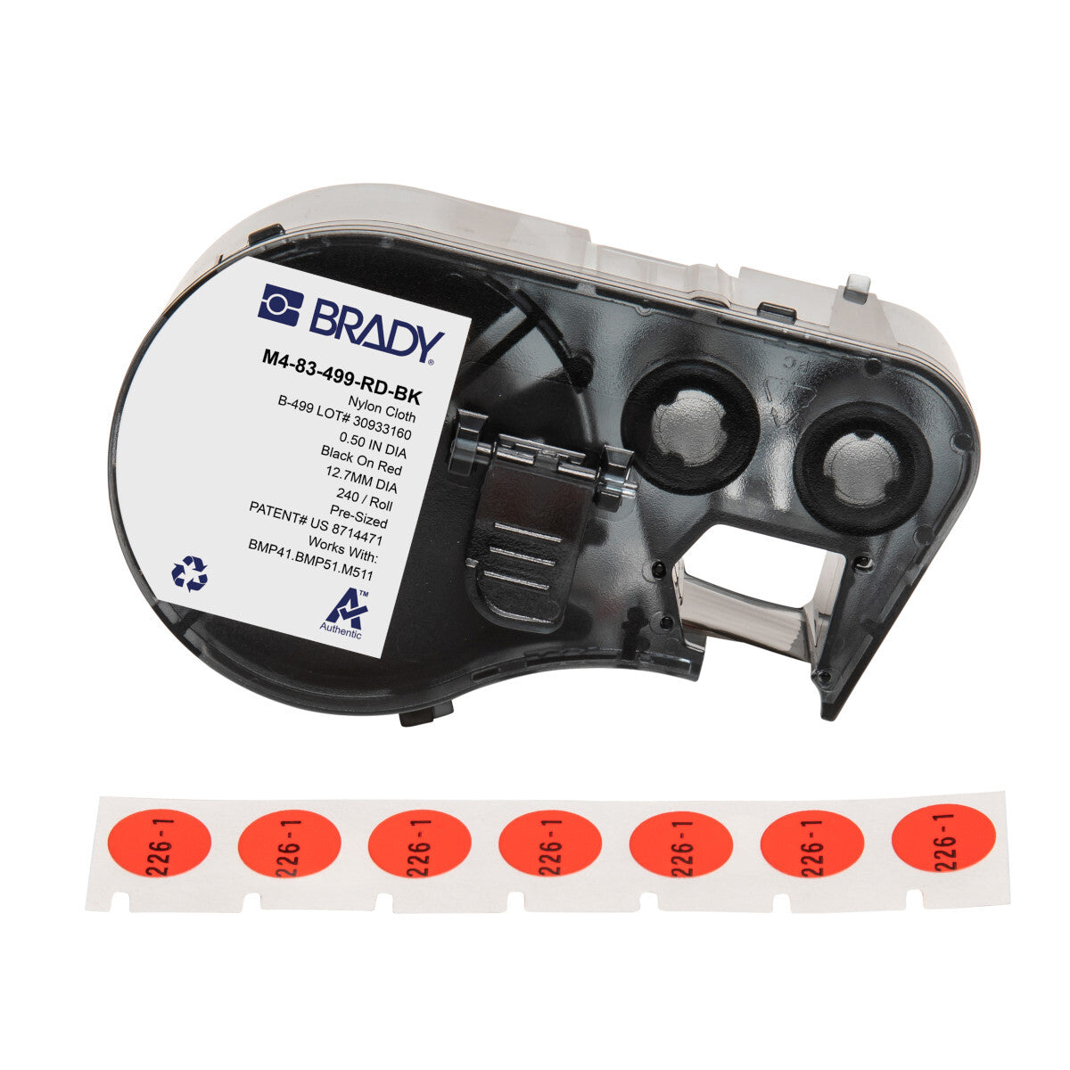 Brady Aggressive Adhesive Multi-Purpose Nylon Label 12.7mm Dia., Black On Red