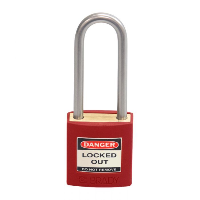 Brady Brass Safety Isolation Padlock 50mm Shackle Keyed Differently Red - AIMS Industrial Supplies