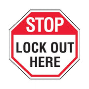 Brady Lockout Tagout Label - Stop Lock Out Here 100 x 100mm - 25/Pack - AIMS Industrial Supplies