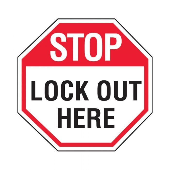 Brady Lockout Tagout Label - Stop Lock Out Here 100 x 100mm - 25/Pack - AIMS Industrial Supplies