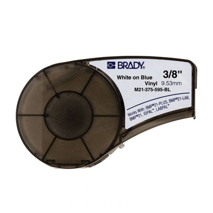 Brady M21-375-595-BL B-595 Indoor Outdoor Vinyl Label White on Blue 9.53mm x 6.4m
