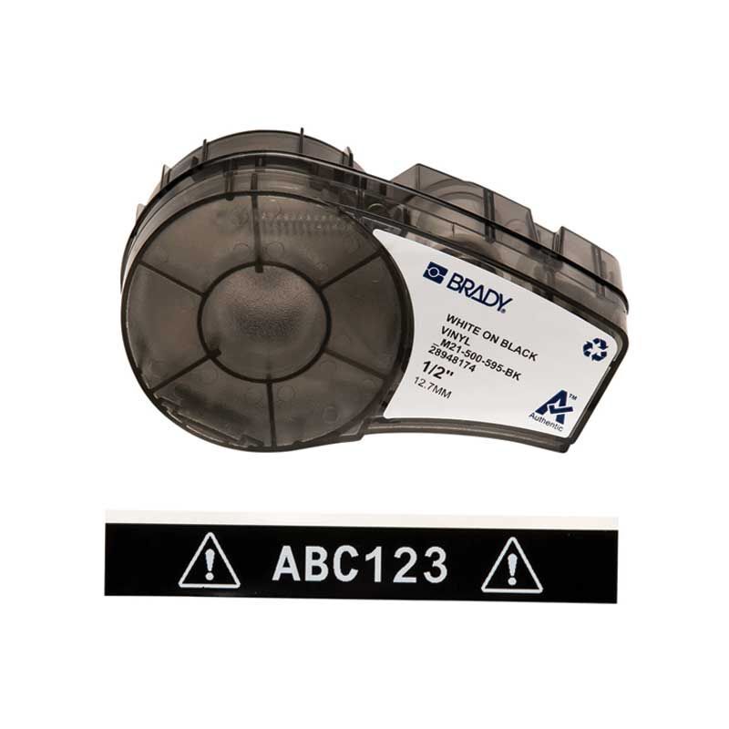 Brady M21-500-595-BK B-595 Indoor Outdoor Vinyl Label White on Black 12.7mm x 6.4m