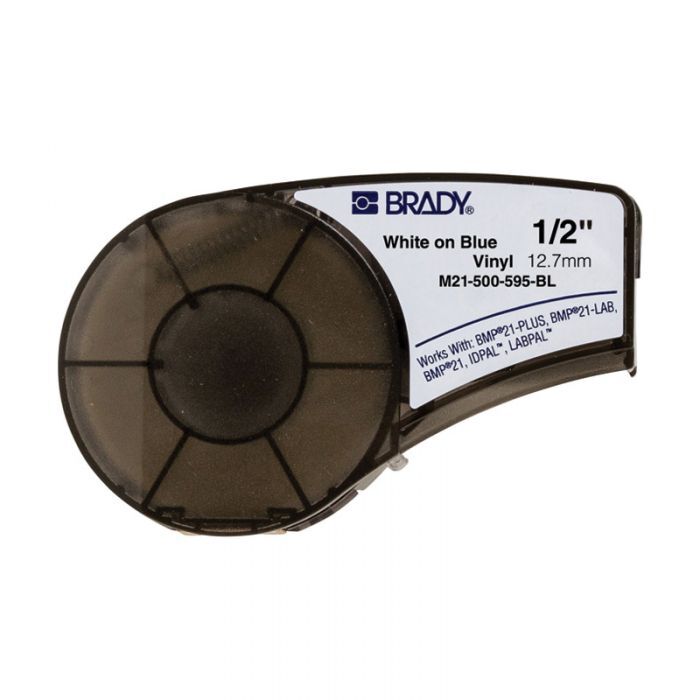 Brady M21-500-595-BL B-595 Indoor Outdoor Vinyl Label White on Blue 12.7mm x 6.4m