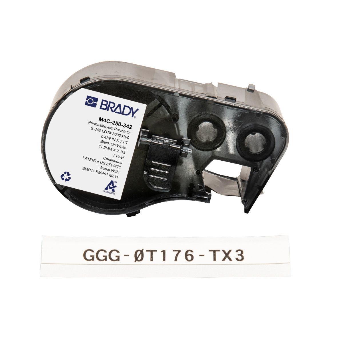 Brady M4C-250-342 PermaSleeve Heat-Shrink Label Polyolefin 11.15mm x 2.13m, Black On White