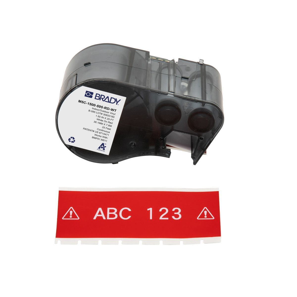 Brady M5C-1500-595-RD-WT All Weather Permanent Adhesive Vinyl Label - 38.2mm x 7.6m, White On Red