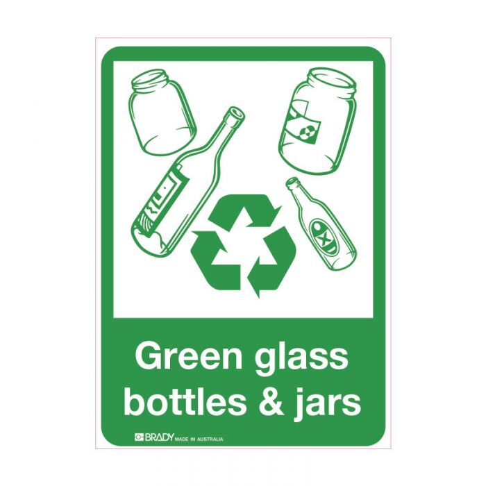 Brady Recycling Sign - Green Glass Bottle & Jars 450 x 300mm Polypropylene