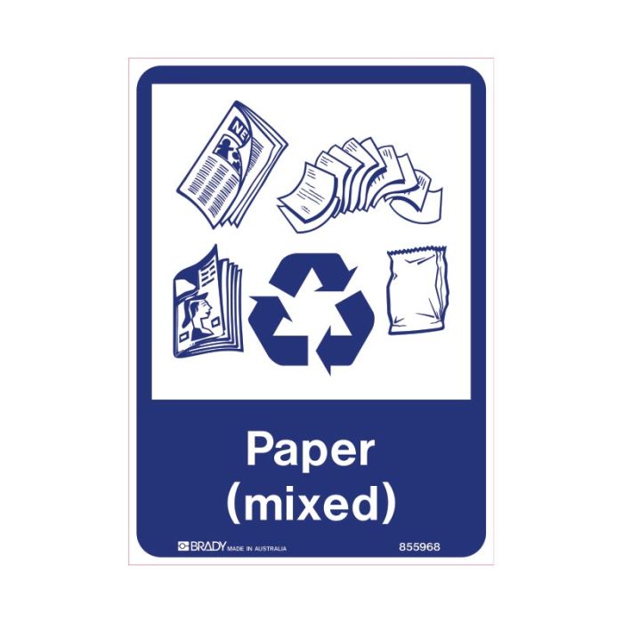 Brady Recycling Sign - Paper (Mixed) 250 x 180mm Self - Adhesive Vinyl - AIMS Industrial Supplies