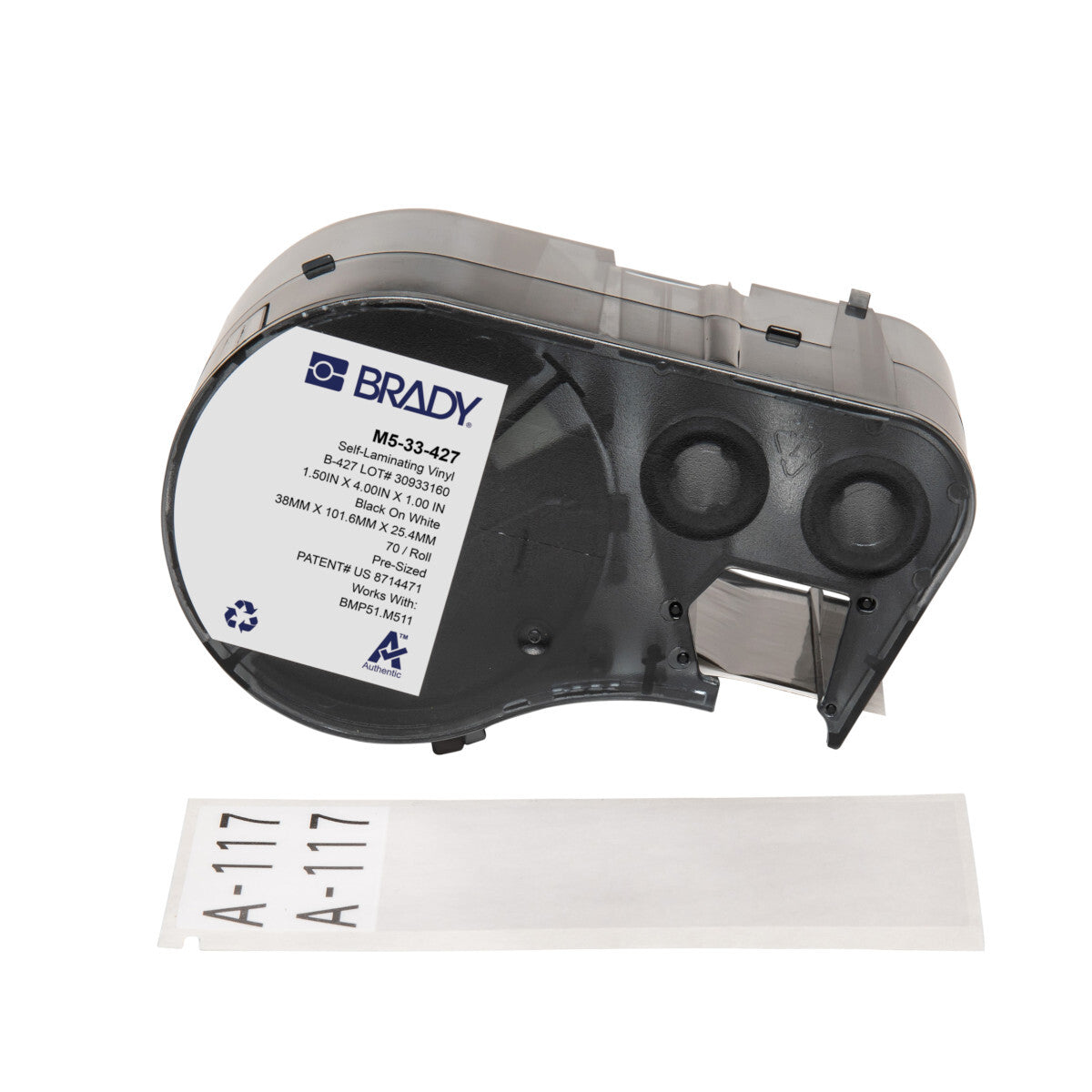 Brady Self-Laminating Vinyl Wrap Around Label 101.6 x 38.1mm, Black On White/Clear