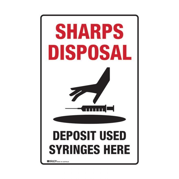 Brady Sharps Disposal Sign - Deposit Used Syringes Here - AIMS Industrial Supplies