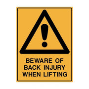 Brady Warning Sign - Beware Of Back Injury When Lifting 225 x 300mm Poly