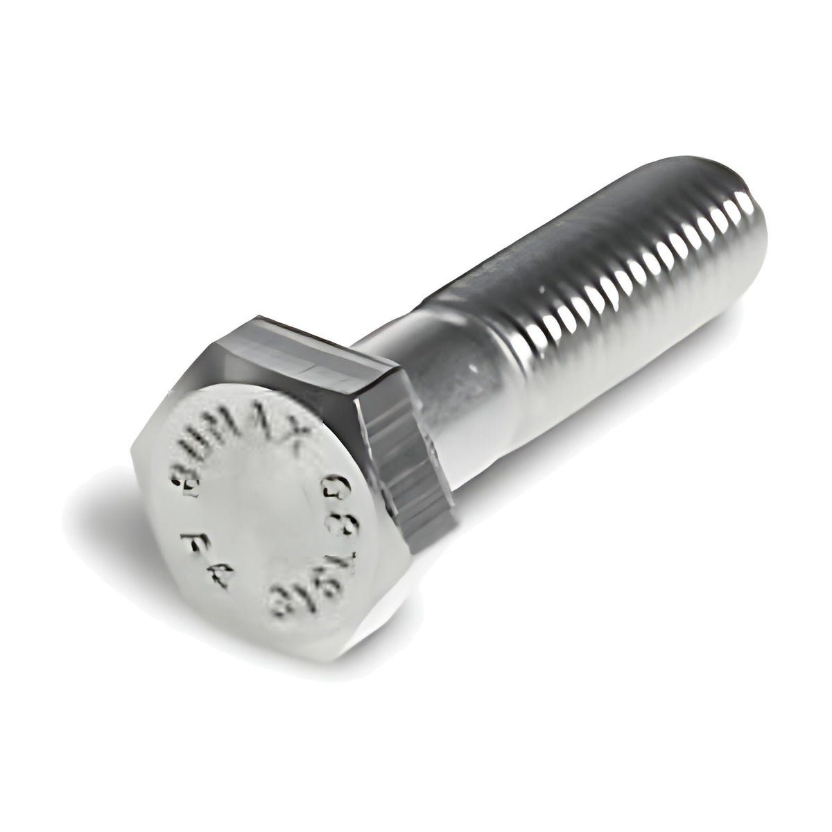Bumax M6 to M16 hex bolt, 10.9 stainless, silver hex head with brand and grade stamped and a threaded shank