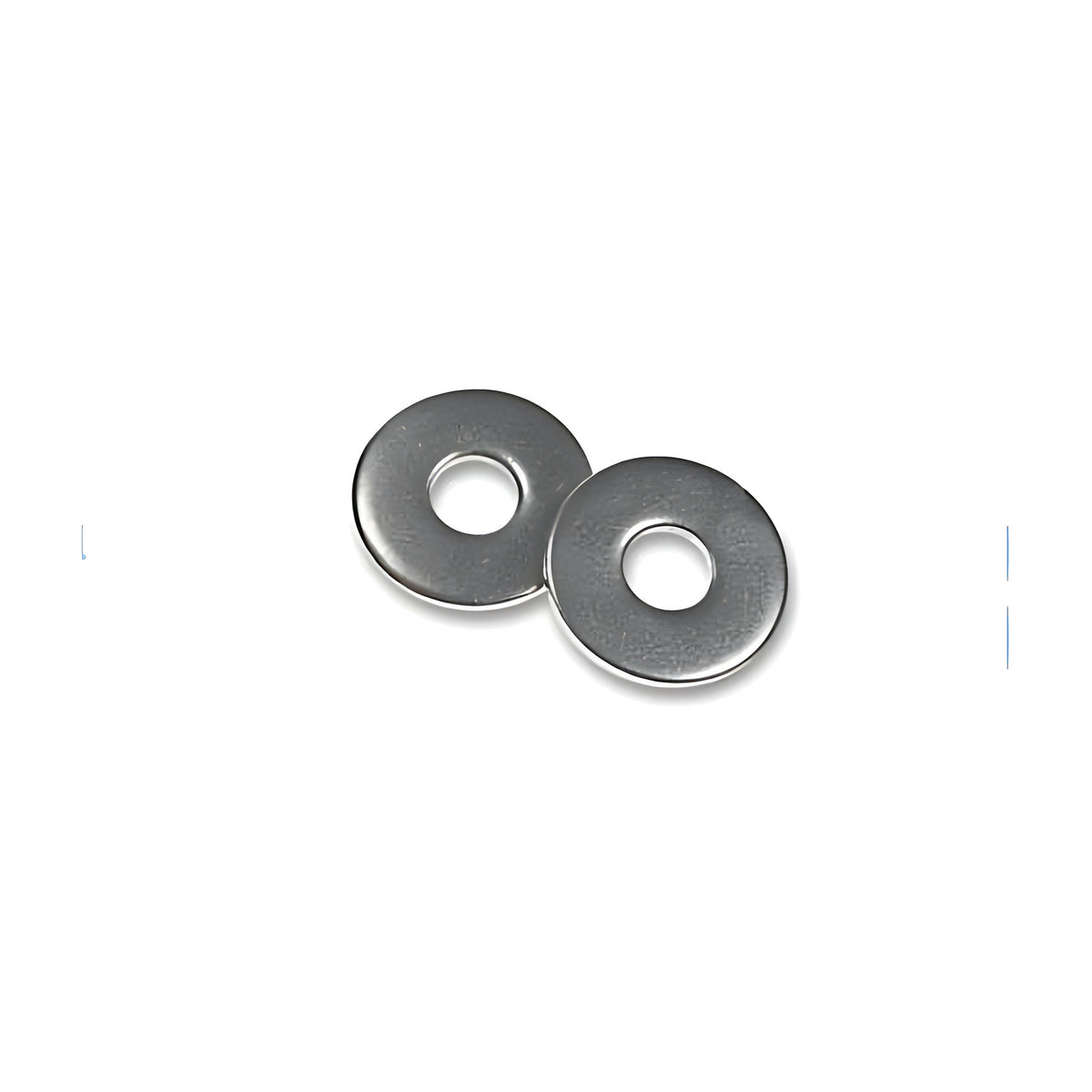 Bumax stainless high tensile mudguard washer, two wide silver flat washers with small centre holes, one in front of the other