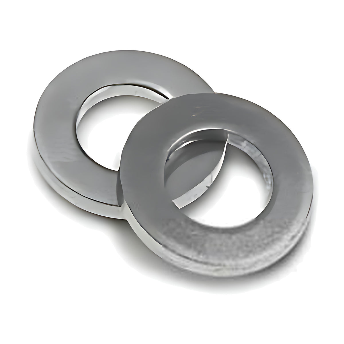Bumax grade 10.9 stainless round washer, two silver flat washers stacked, one overlapping the other