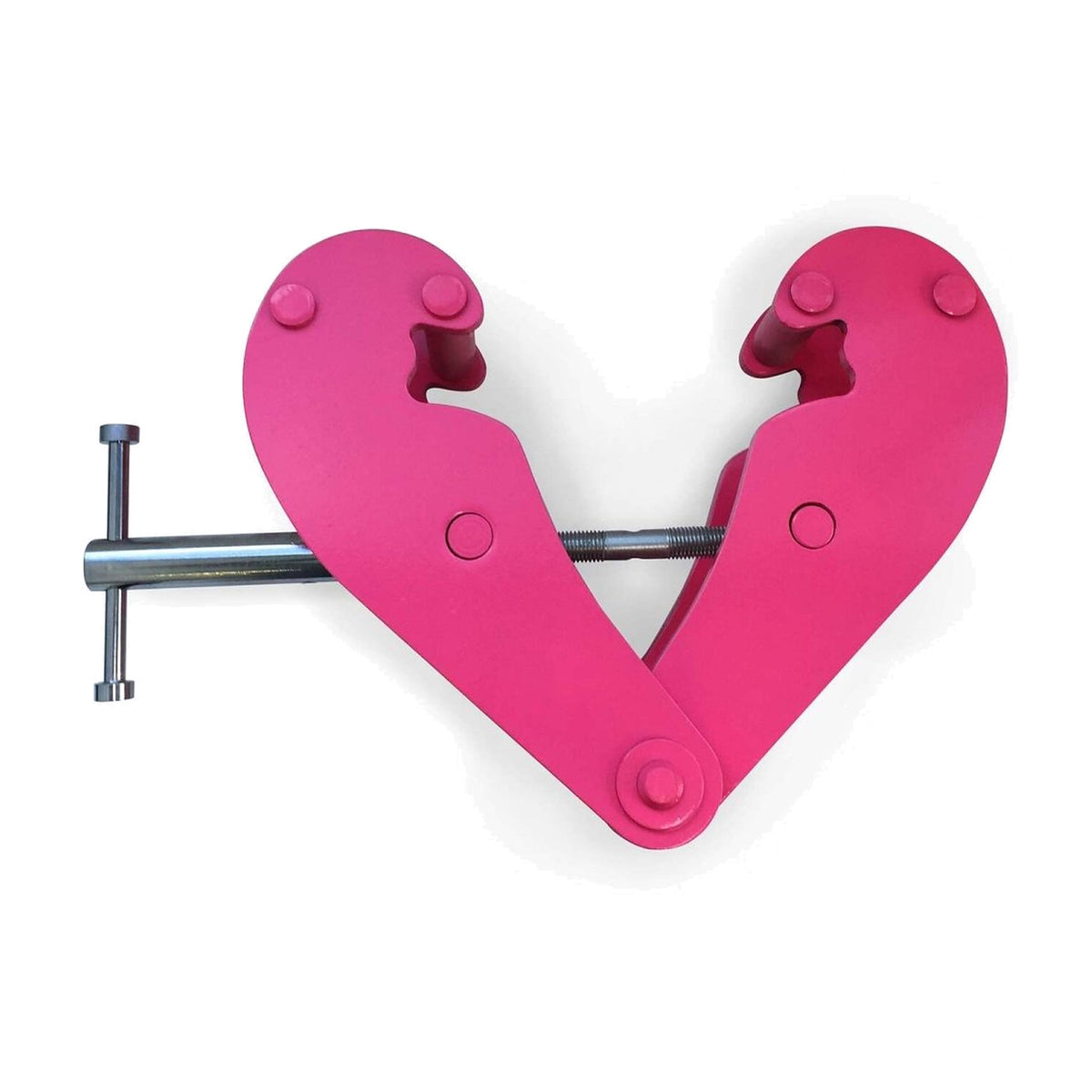 Pink Challenger girder clamp with a steel adjusting screw, shown from above with the jaws open