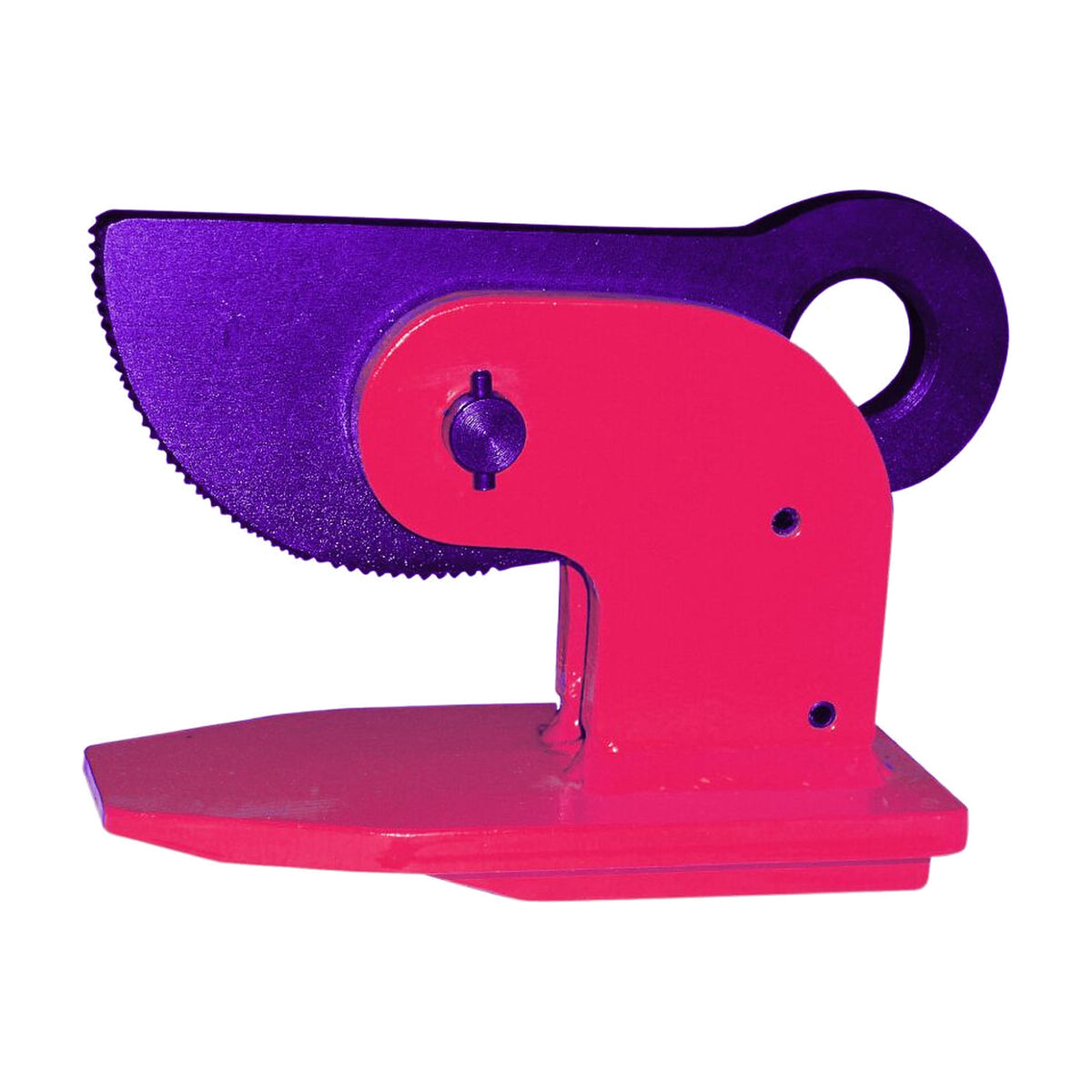 Pink and purple Challenger horizontal plate clamp with a serrated cam and lifting eye