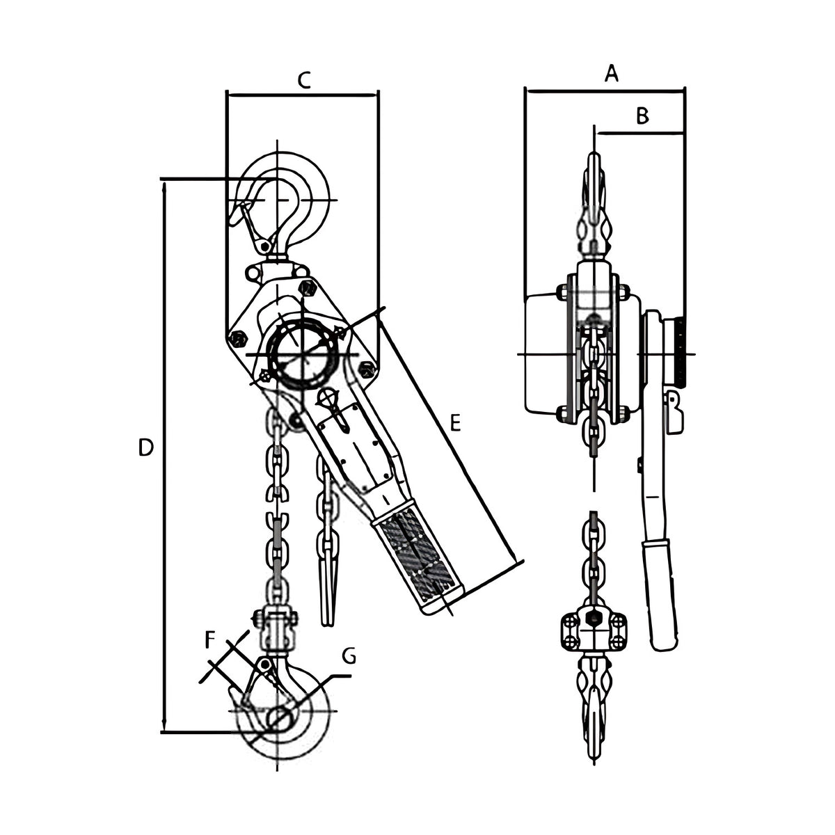 Dimensioned line drawing of a Challenger lever block, front and side views with dimension letters